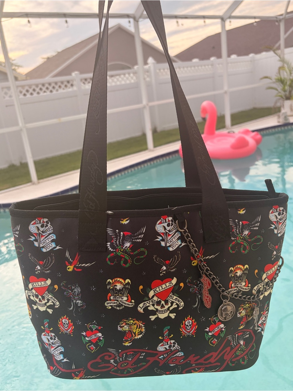Ed Hardy Black Tote with Multicolor Tattoo-Print-NWT